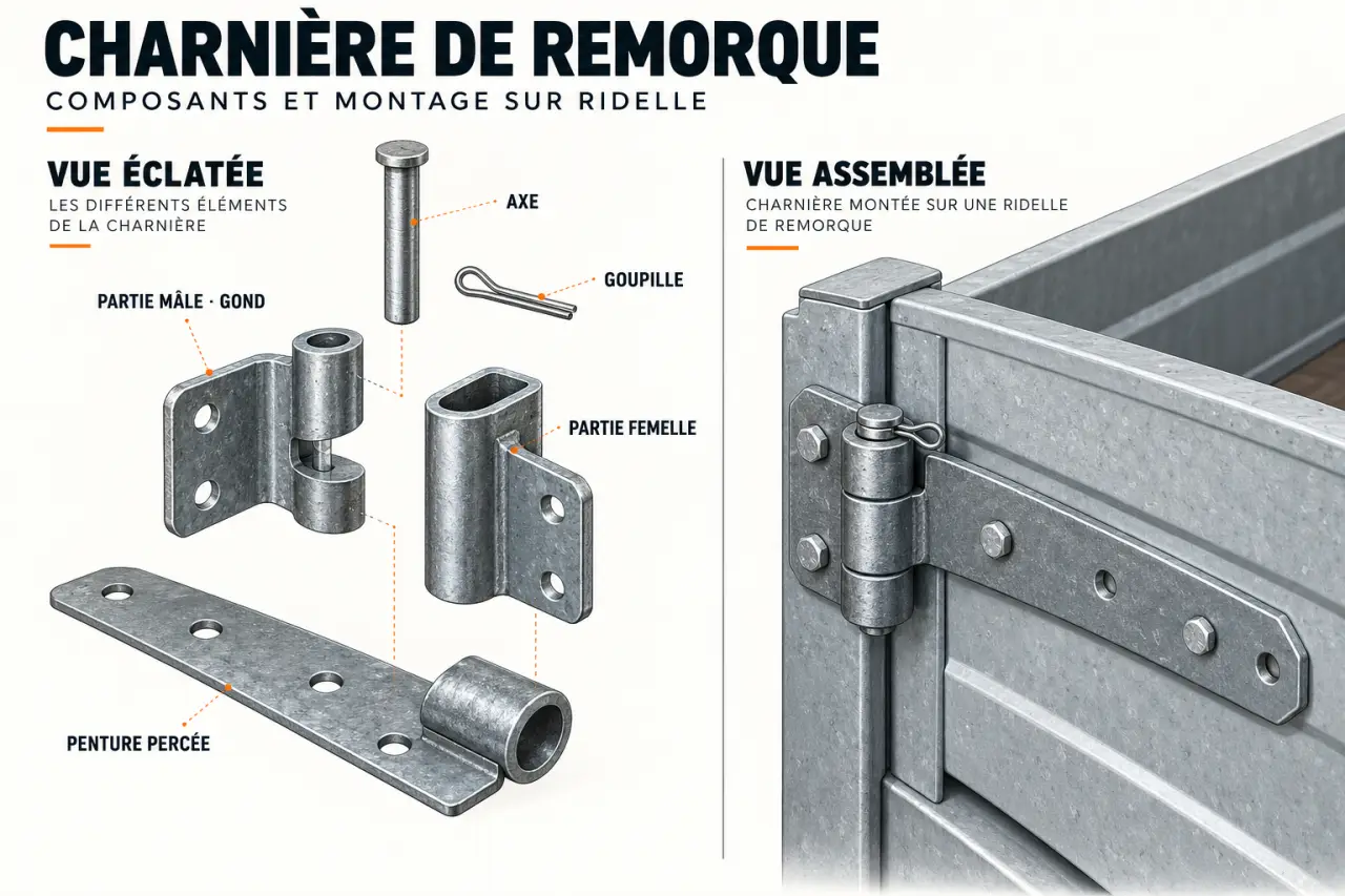 Schéma des composants d’une charnière de remorque avec gond, axe, penture et partie femelle
