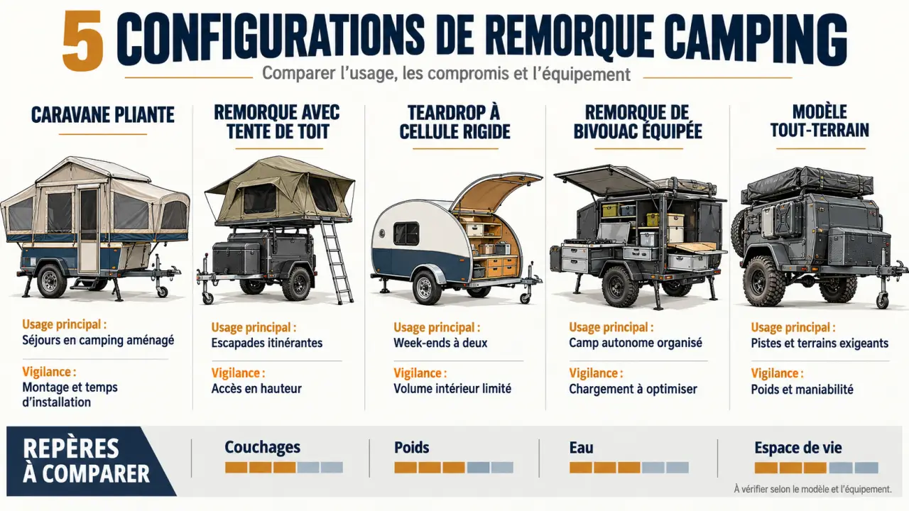 Remorque camping : comparaison des configurations caravane pliante, tente de toit, teardrop et bivouac tout-terrain