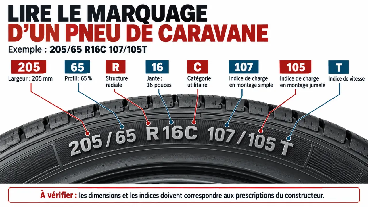 Infographie du marquage d’un pneu pour caravane 205/65 R16C 107/105T