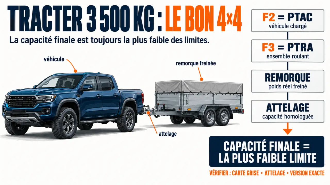 Infographie pour choisir quel 4x4 pour tracter 3500 kg avec F2, F3 et capacité de remorque