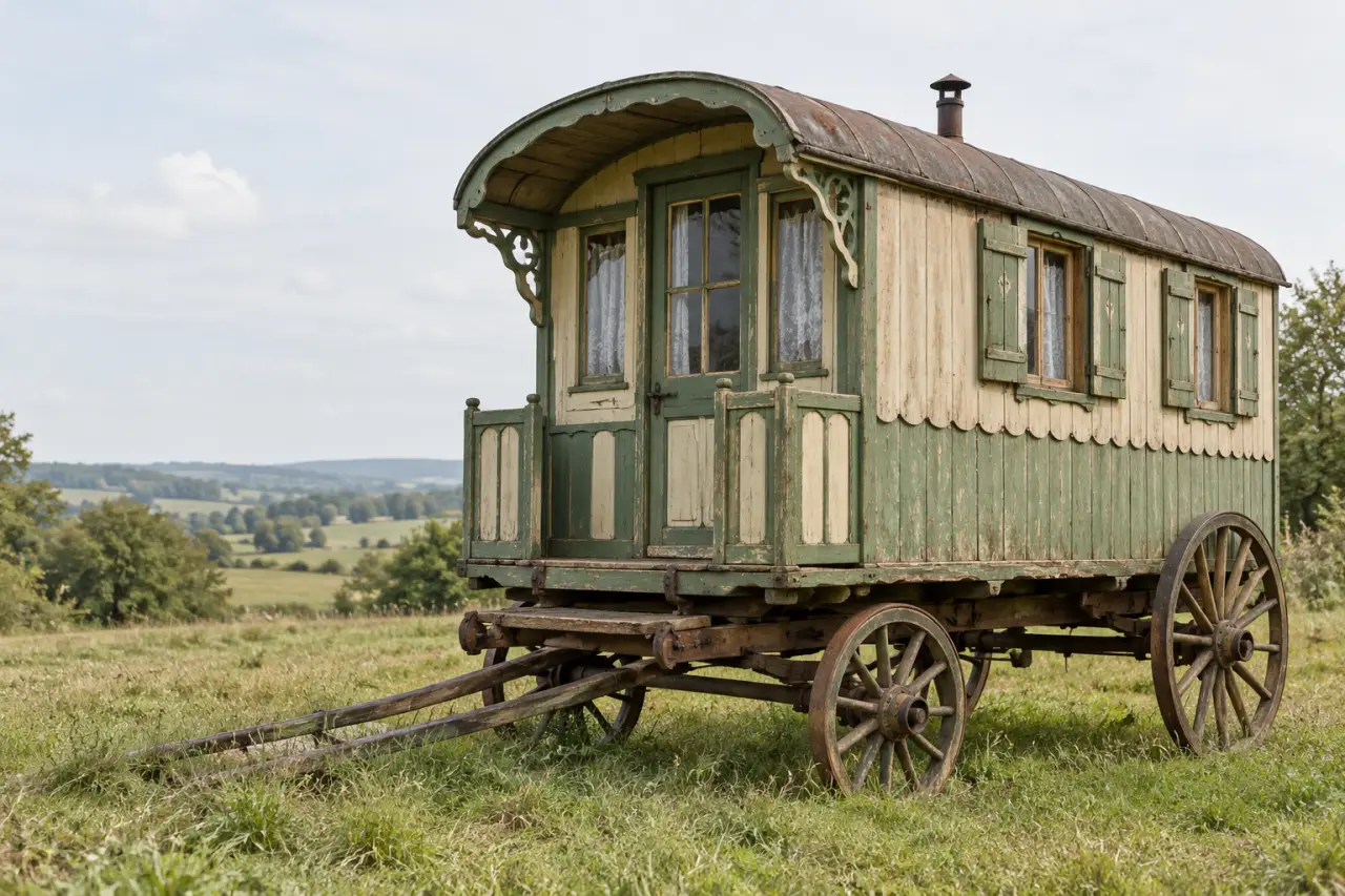 Roulotte ancienne historique avec boiseries peintes, roues et toiture courbe