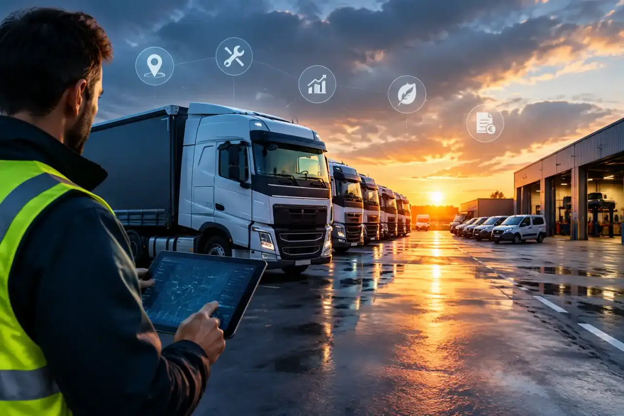 Camions de transport de marchandises alignés sur une plateforme logistique