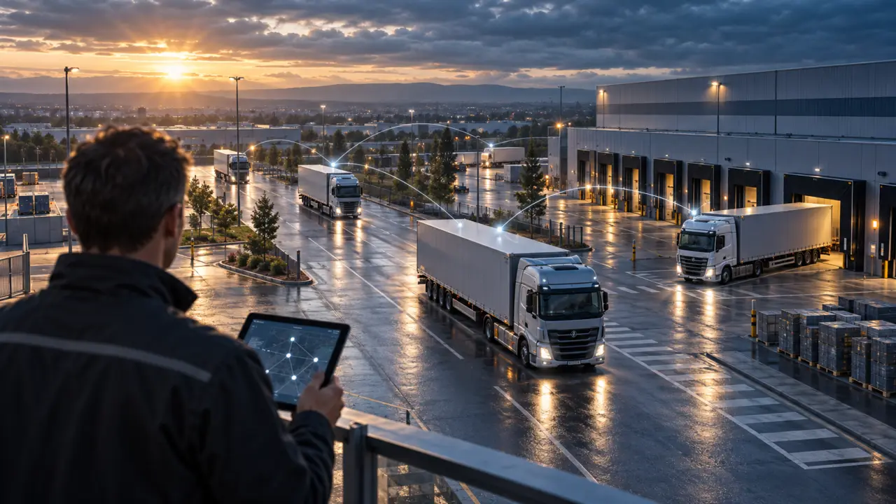 Camion de transport connecté roulant sur une autoroute