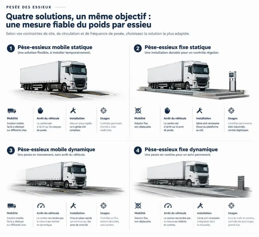 Infographie comparative des solutions de pèse-essieux mobiles, fixes, statiques et dynamiques