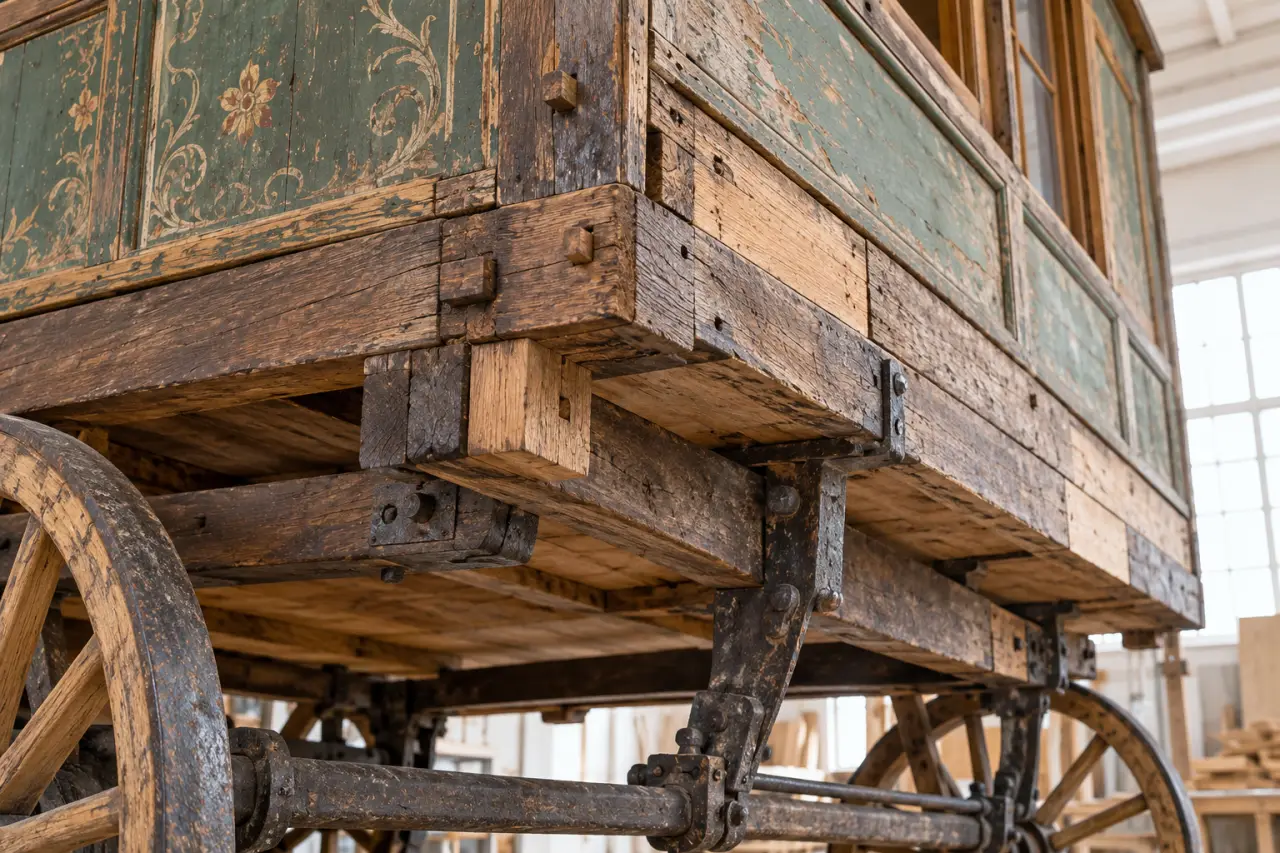Détails de restauration d’une roulotte ancienne avec bois, châssis et décor peint