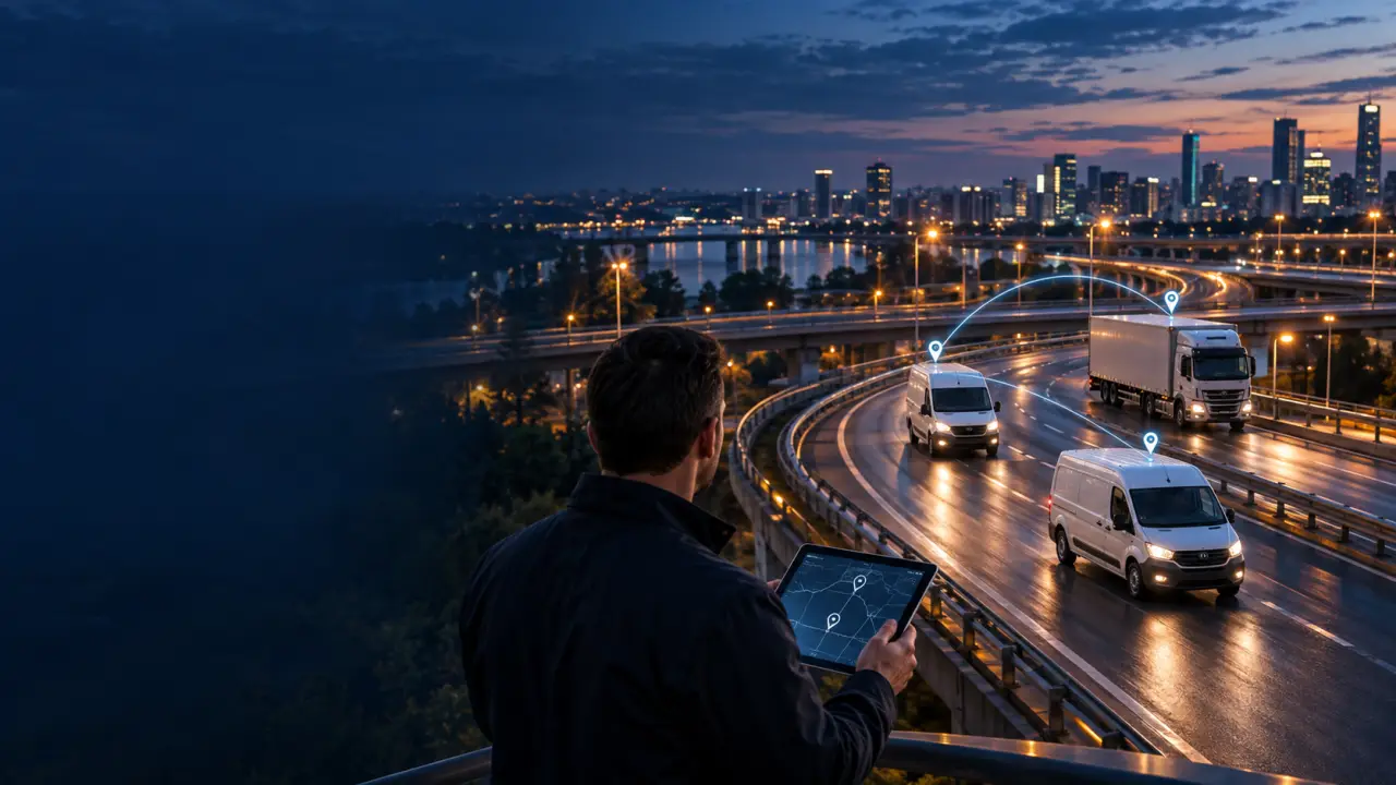 Flotte de véhicules professionnels suivie par GPS sur une plateforme logistique