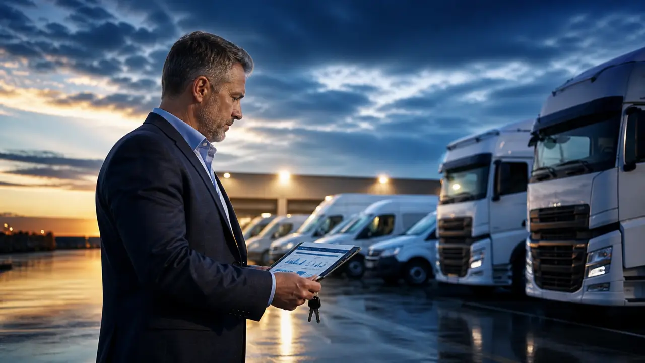 Flotte de véhicules professionnels en leasing dans un hub logistique moderne au crépuscule