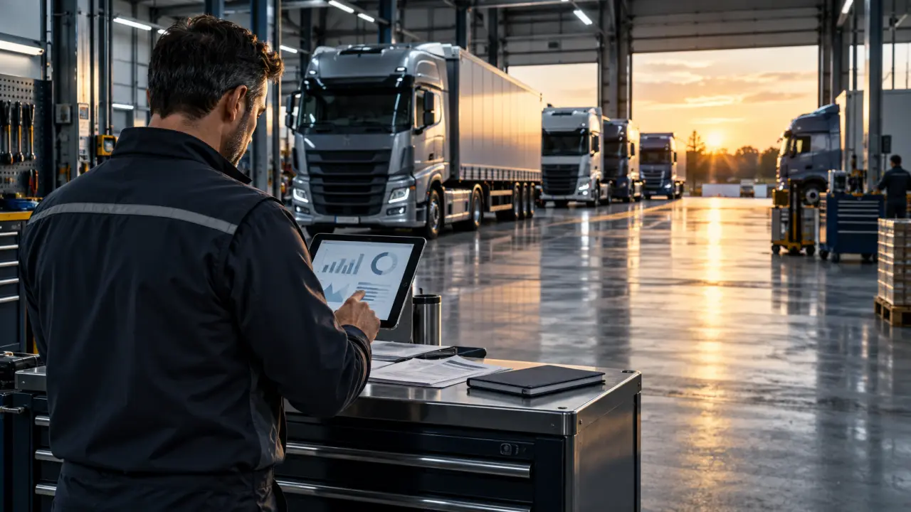 Flotte de poids lourds moderne sur une plateforme logistique