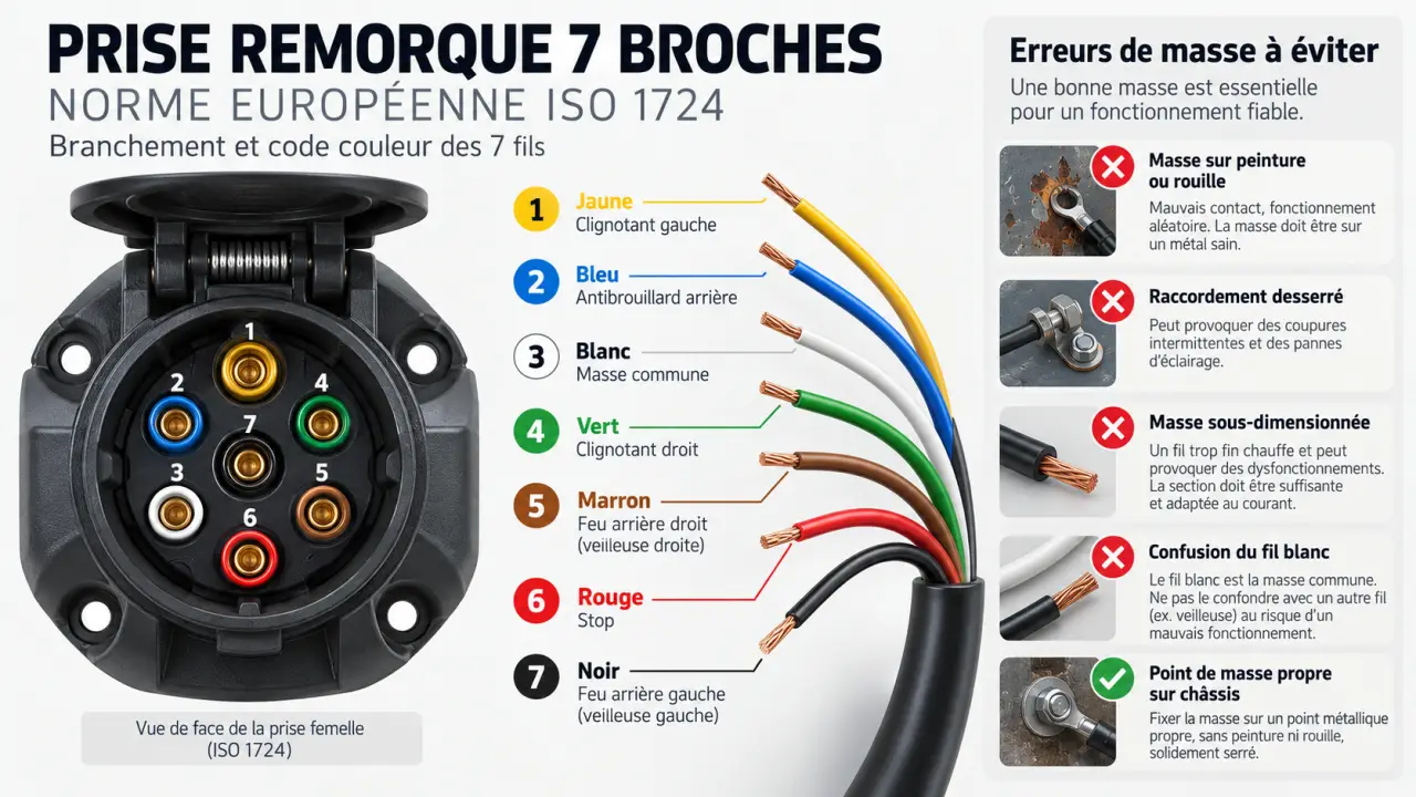 Branchement d’une prise remorque 7 broches : le schéma des 7 fils et les erreurs de masse à éviter