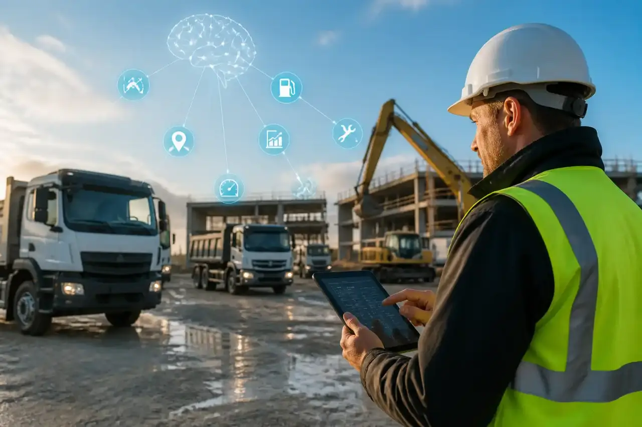 Flotte de camions connectés circulant près d’un hub logistique au crépuscule