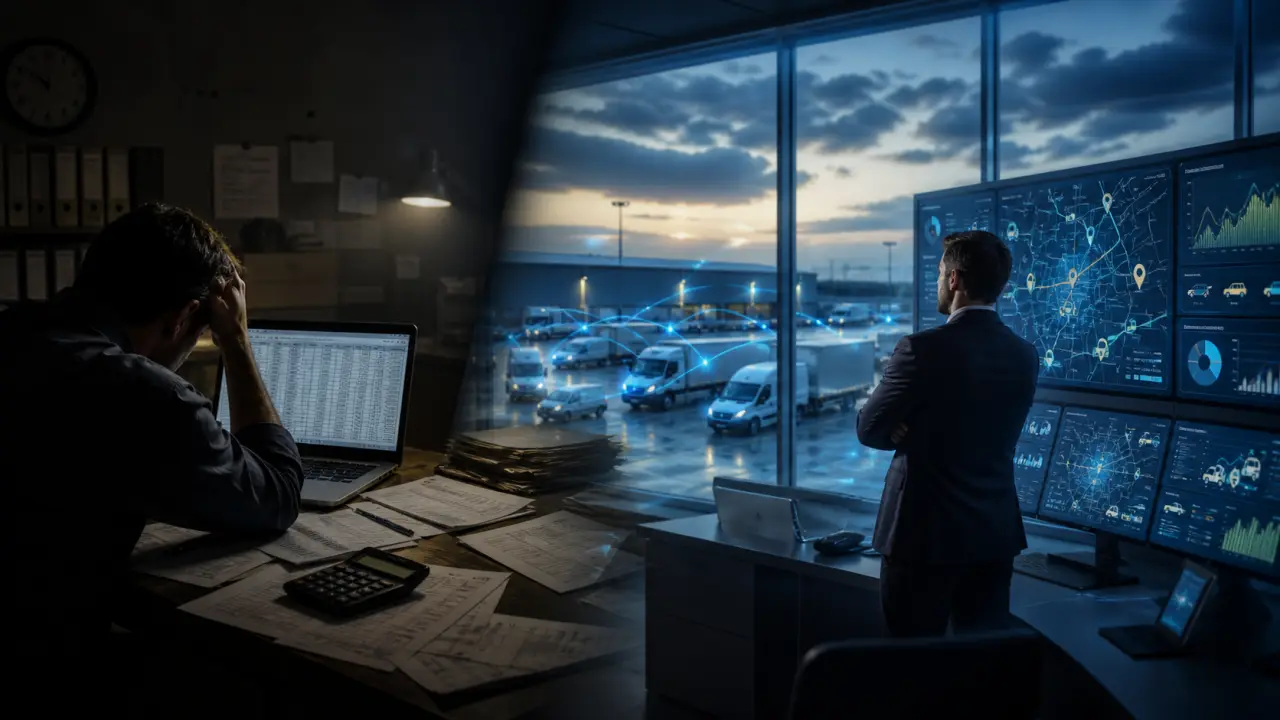 Vue dynamique d'une flotte de camions modernes et de véhicules utilitaires dans un hub logistique au crépuscule