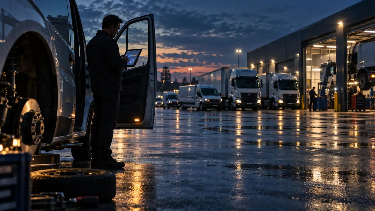 Flotte de camions et véhicules utilitaires sur une plateforme logistique