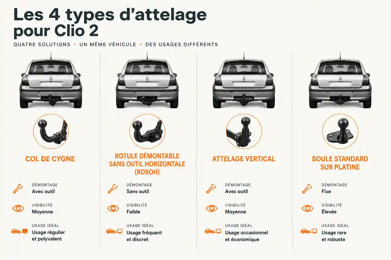 Comparatif visuel des types d'attelage Clio 2 : col de cygne, RDSOH, vertical et boule standard