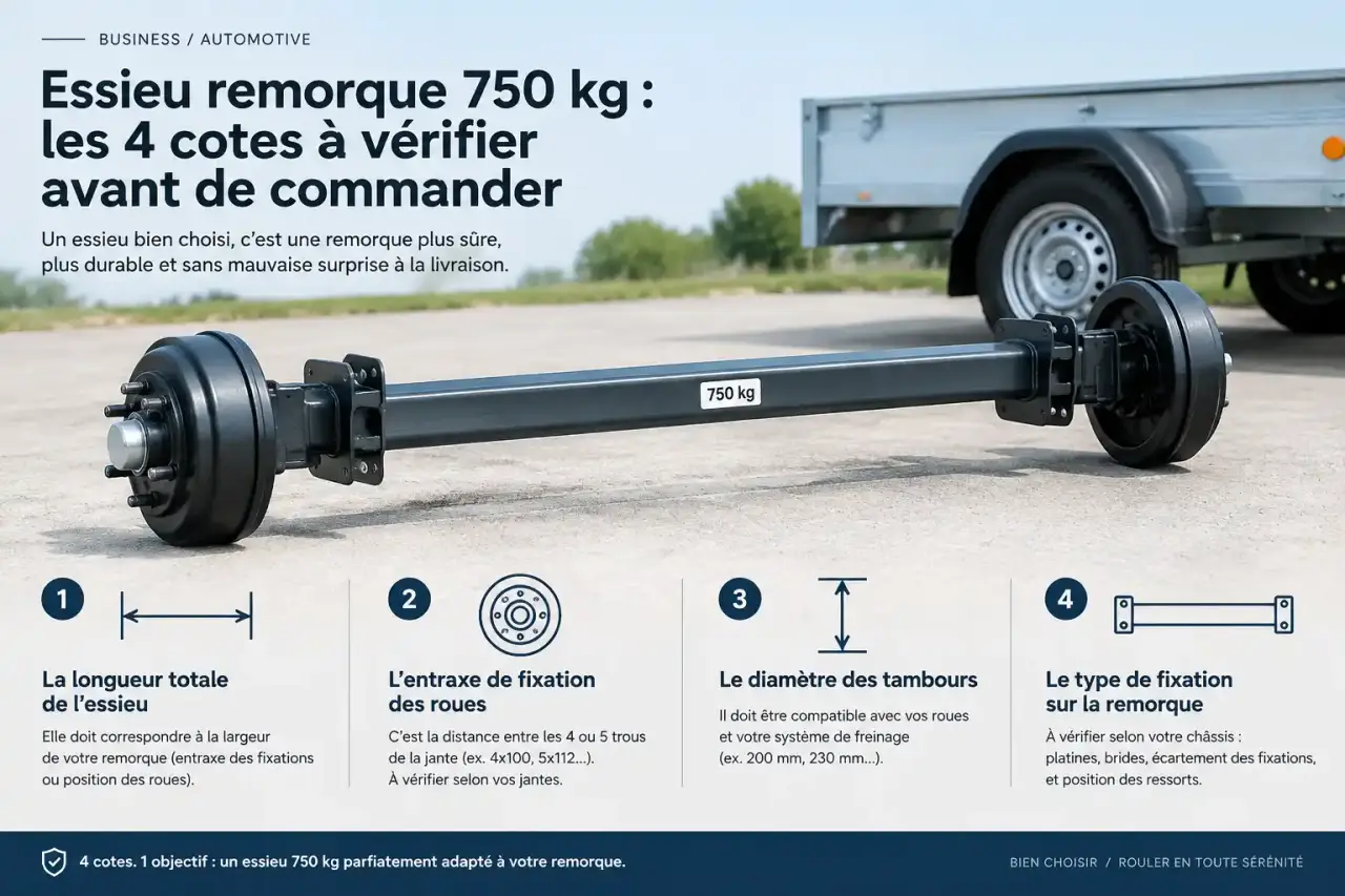 Essieu remorque 750 kg : les 4 cotes à vérifier avant de commander