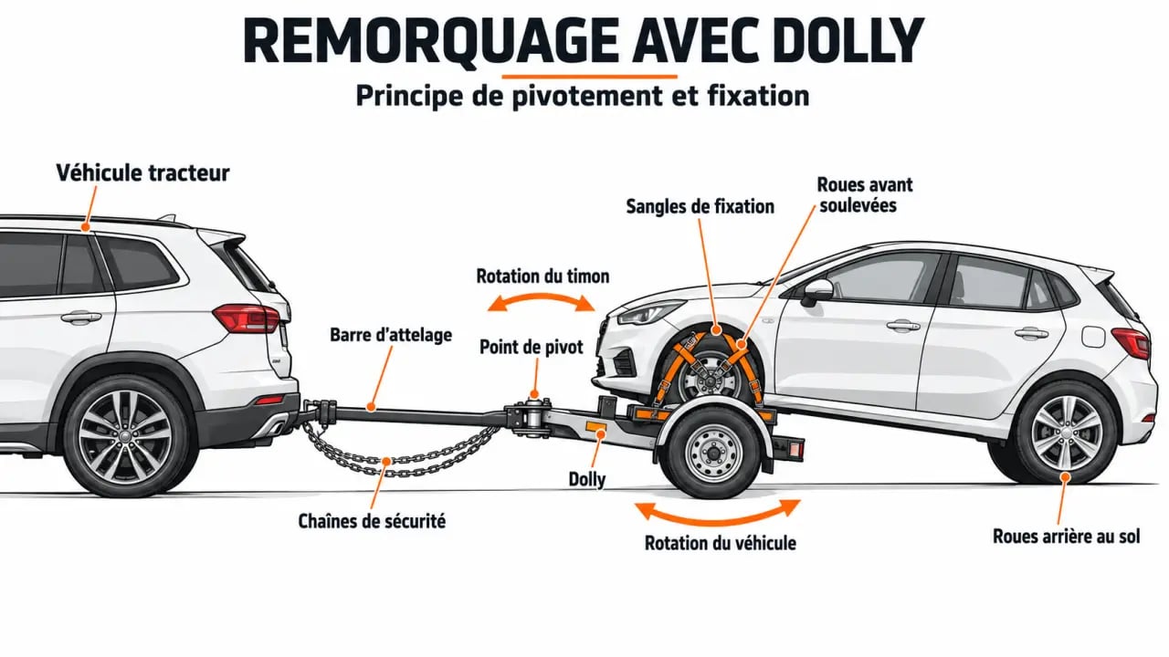 Schéma du fonctionnement d’une remorque dolly avec véhicule tracteur et voiture partiellement soulevée