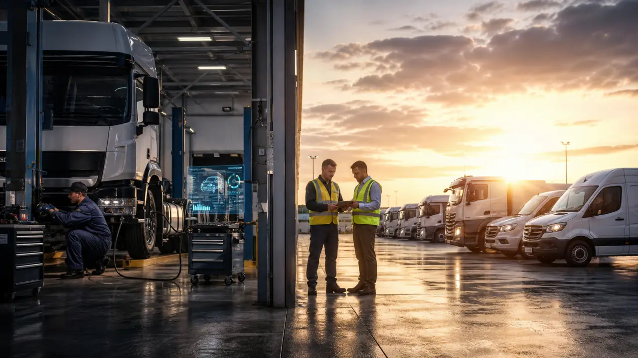 Flotte de véhicules professionnels modernes devant un hub logistique au crépuscule