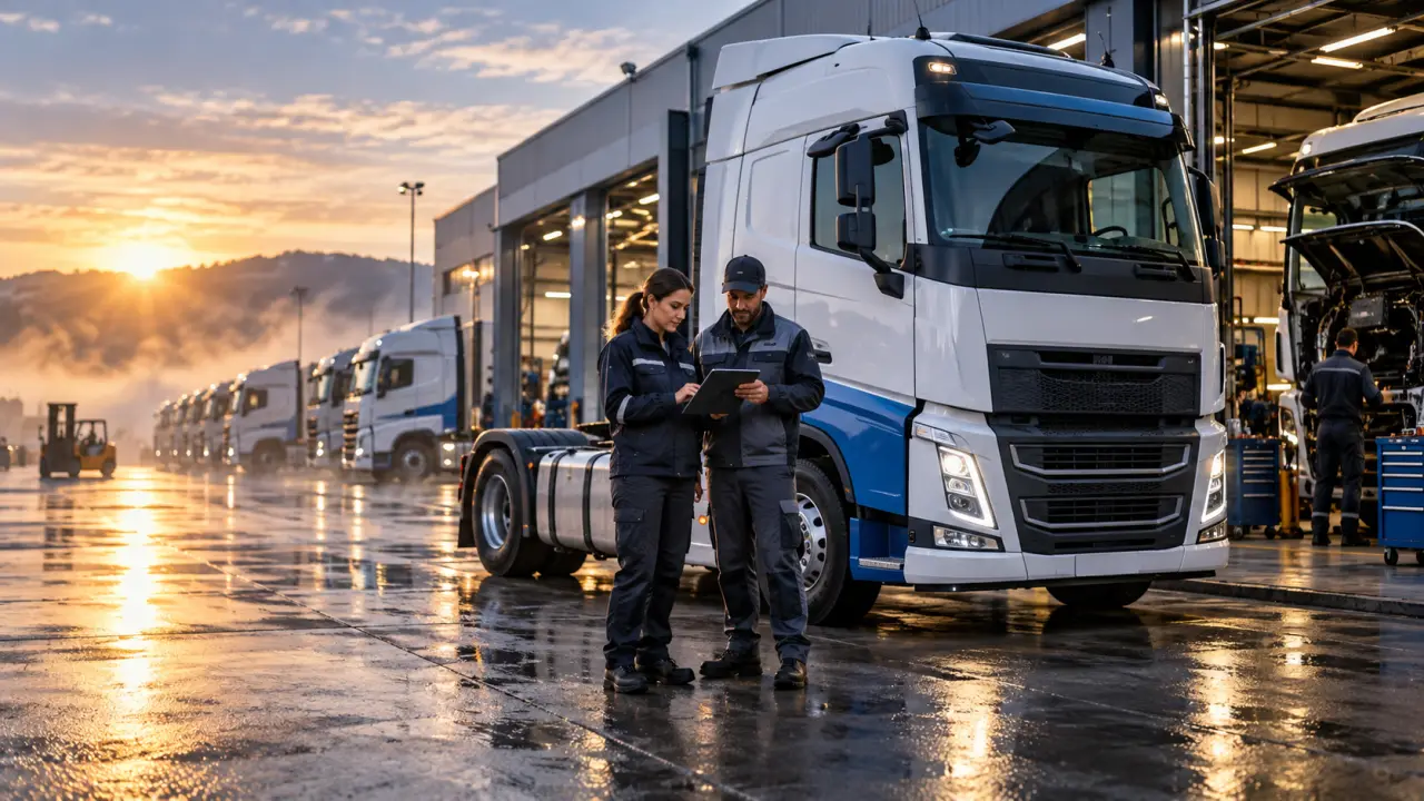 Camions modernes d'une flotte de transport sur une plateforme logistique