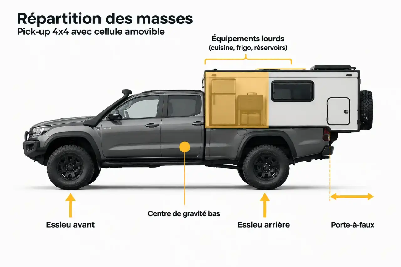 Schéma de la répartition des masses d'une cellule pick up posée dans la benne d'un 4x4