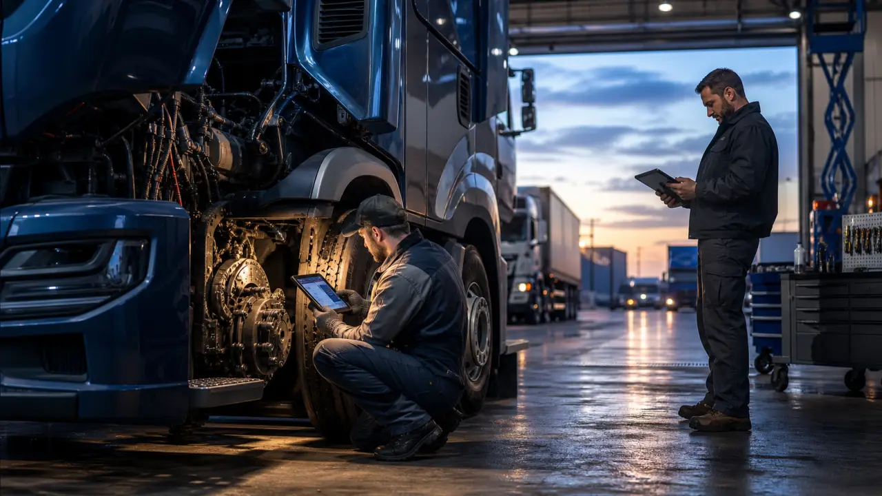 Flotte de poids lourds moderne en environnement logistique au crépuscule