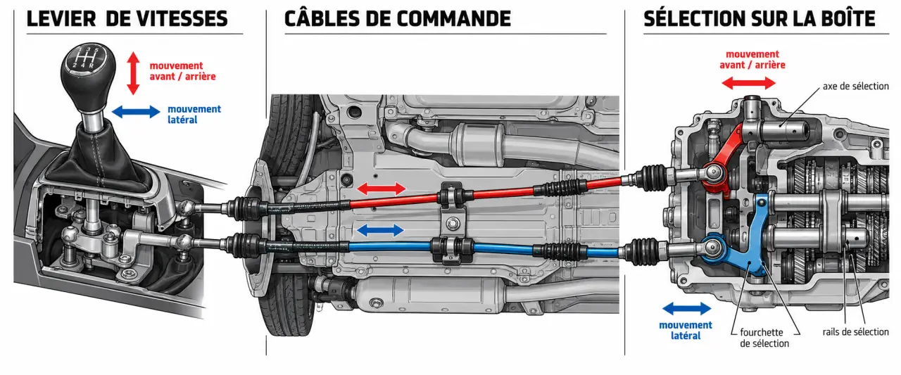 Schéma simplifié d’une tringlerie de boîte de vitesse reliant le levier à la boîte manuelle
