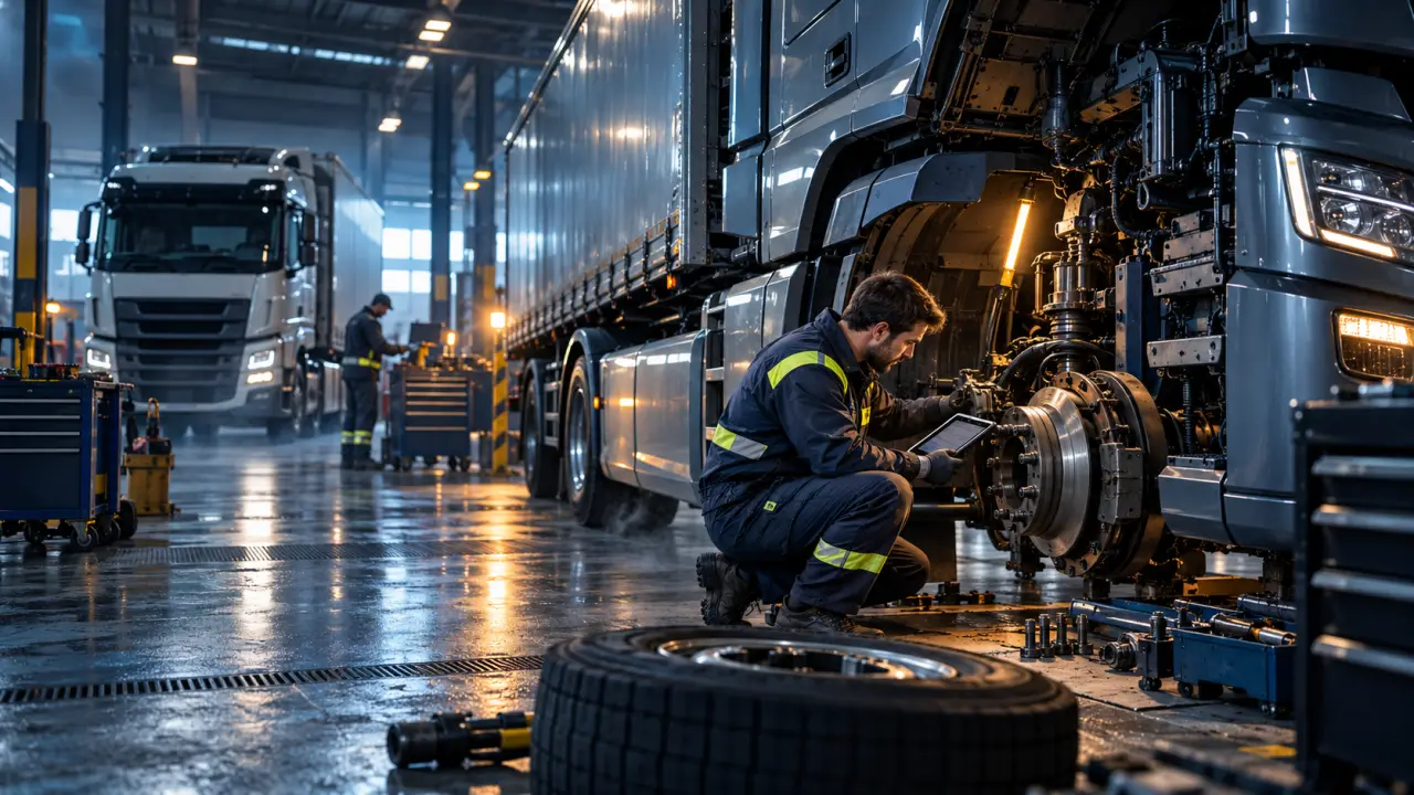 Poids lourds stationnés dans un atelier de maintenance moderne