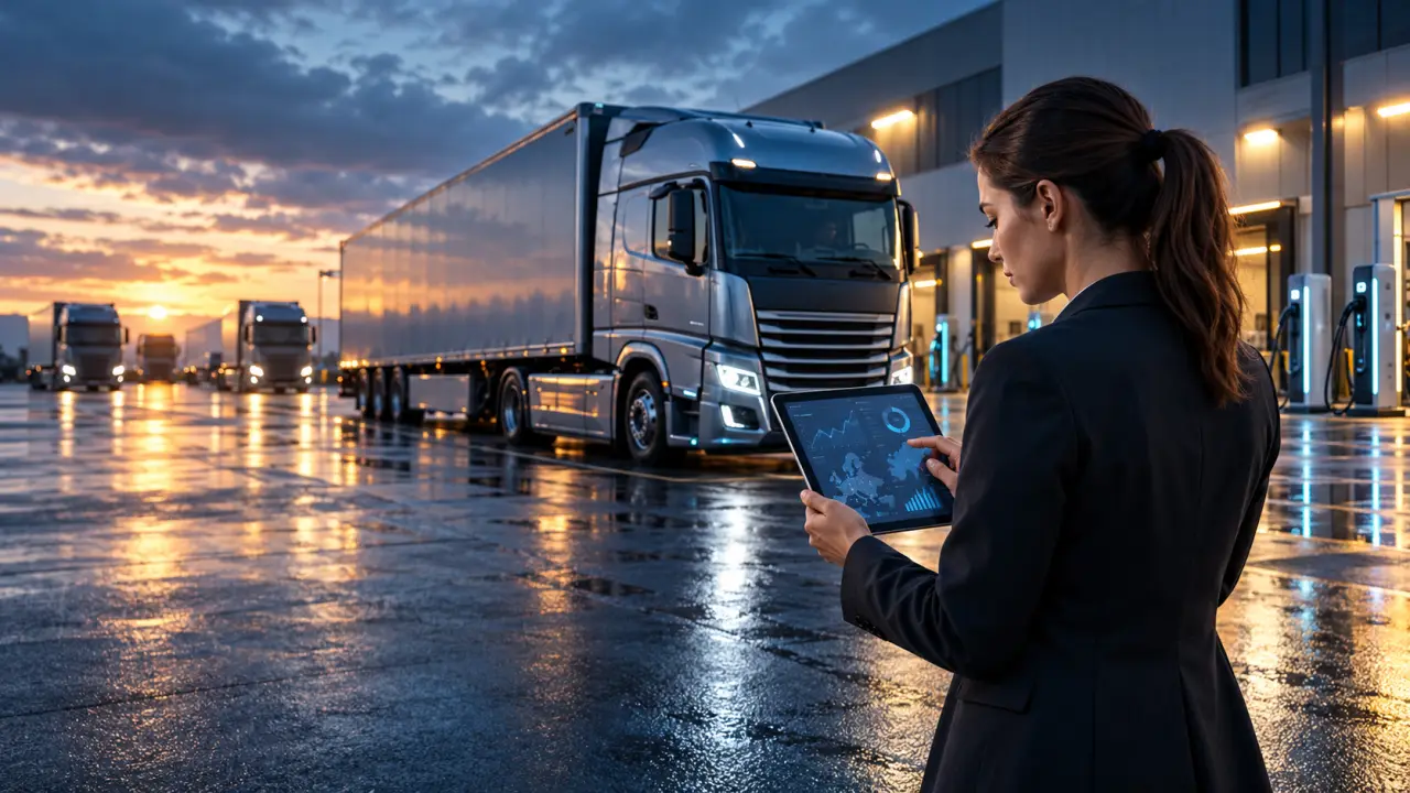 Flotte de poids lourds modernes sur un site logistique au crépuscule
