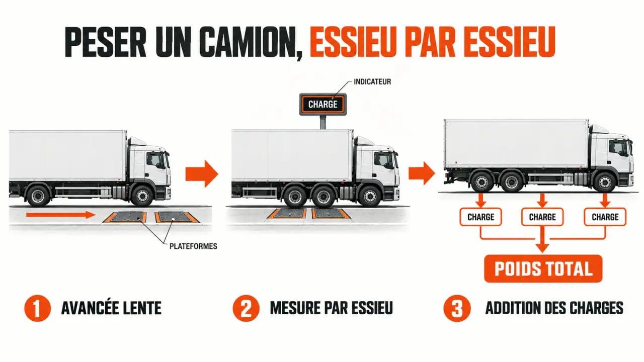 Schéma du fonctionnement d'un pèse-essieux et du calcul du poids total d'un véhicule